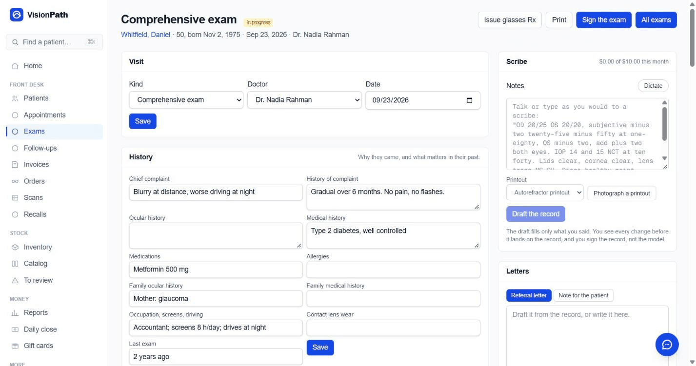 An exam record with the history section filled in and the scribe panel beside it